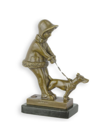 Bronzen beeld van jong meisje met hond Bronzen beeld van jong meisje met hond