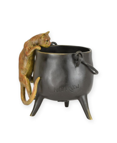 Bronzen katten beeld klimmend in pot type 1