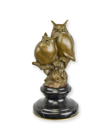 Bronzen beeld van twee uilen zittend op een tak (brass pl Bronzen beeld van twee uilen zittend op een tak (brass pl
