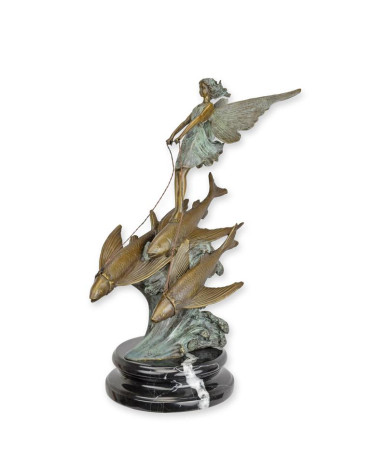 Bronzen beeld fee die vissen temt