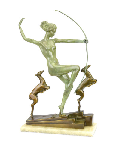 Bronzen Diana beeld met 2 honden groen bruin