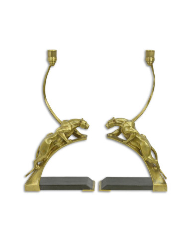 Set van twee bronzen art deco panter kandelaars