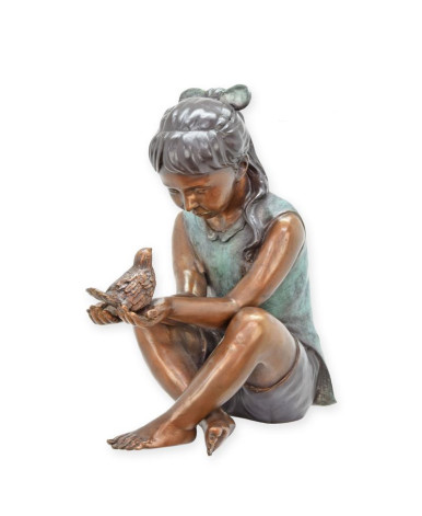 Bronzen meisje met vogel beeld