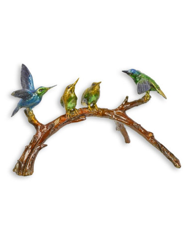 Bronzen kolibrie beeld met vier vogels op tak Bronzen kolibrie beeld met vier vogels op tak