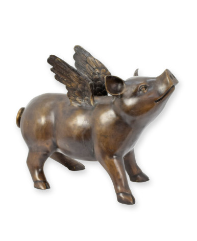 Bronzen beeld van een vliegend varken