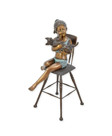 Bronzen meisje met kat op stoel beeld Bronzen meisje met kat op stoel beeld